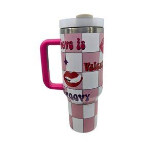 Valentine's Day Love Pink & White Checker 40oz Tumbler w. Handle Lid & Straw NEW